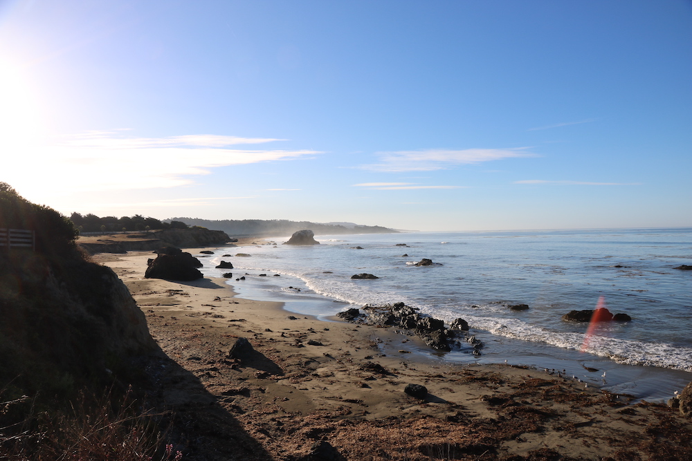 Photo of a rocky beach at sunrise in San Simeon, California